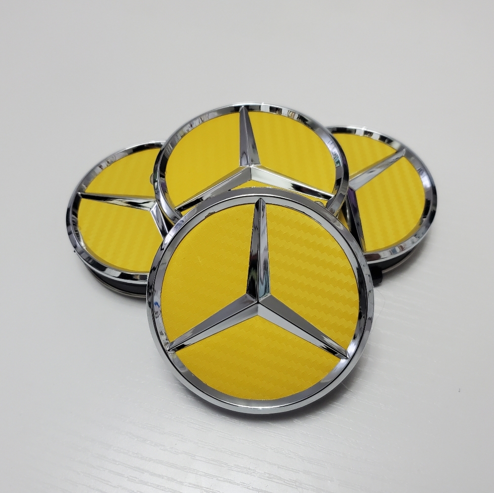 4 Yellow Carbon Fiber WHEEL CENTER HUB CAPS EMBLEM FITS MERCEDES BENZ 75MM/ 3 IN